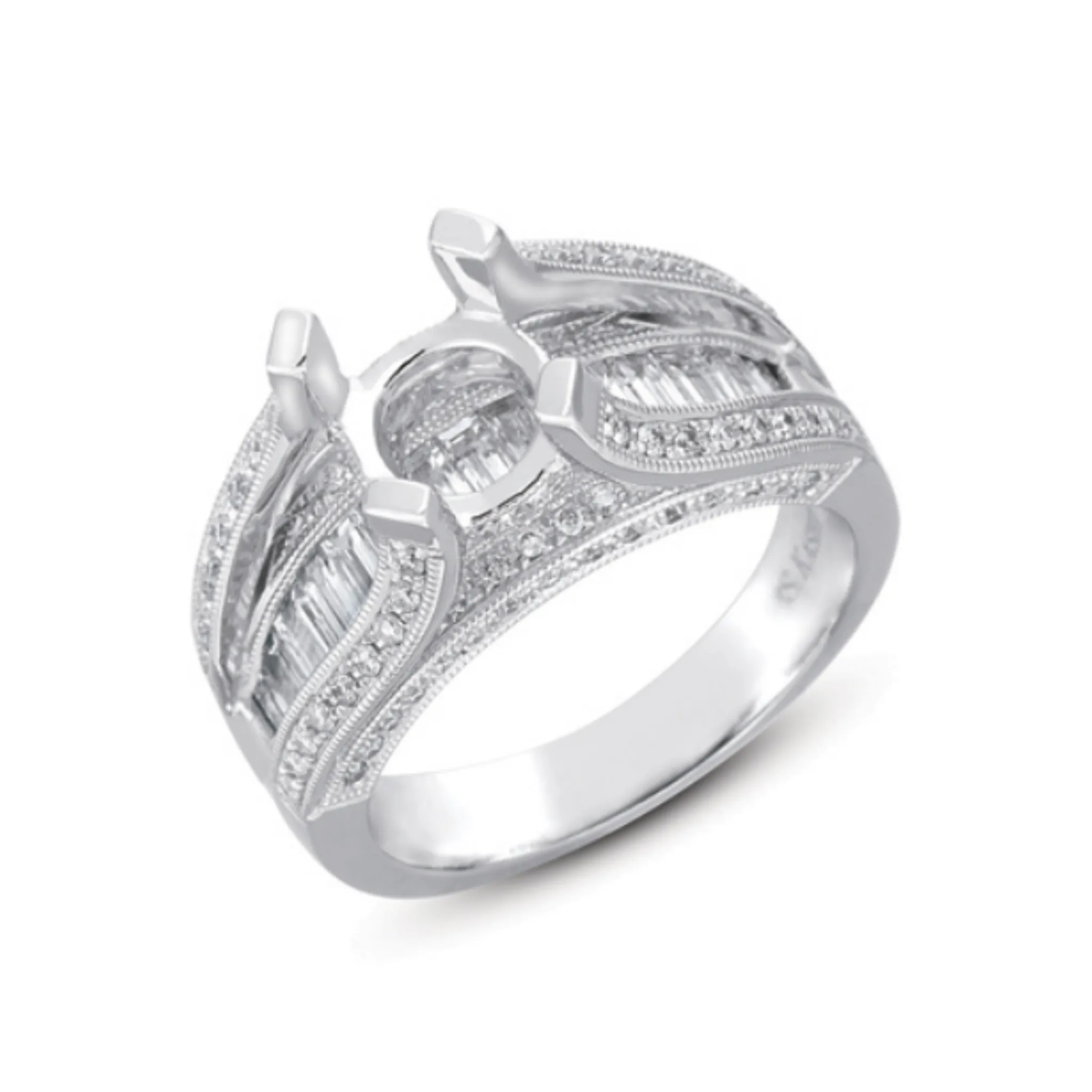 14K Gold Baguette Diamond Cathedral Engagement Ring (Semi-Mount)
