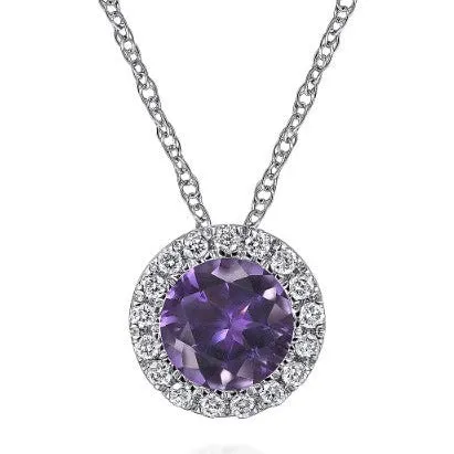 14K White Gold Amethyst and Diamond Halo Pendant Necklace