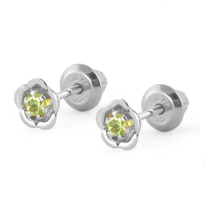 14K White Gold August Birthstone Peridot Flower Baby Girls Earrings