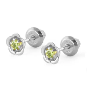 14K White Gold August Birthstone Peridot Flower Baby Girls Earrings
