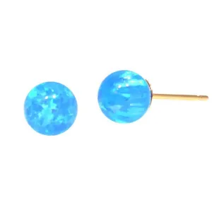 14K Yellow Gold Round Blue Opal 6mm Stud Earrings