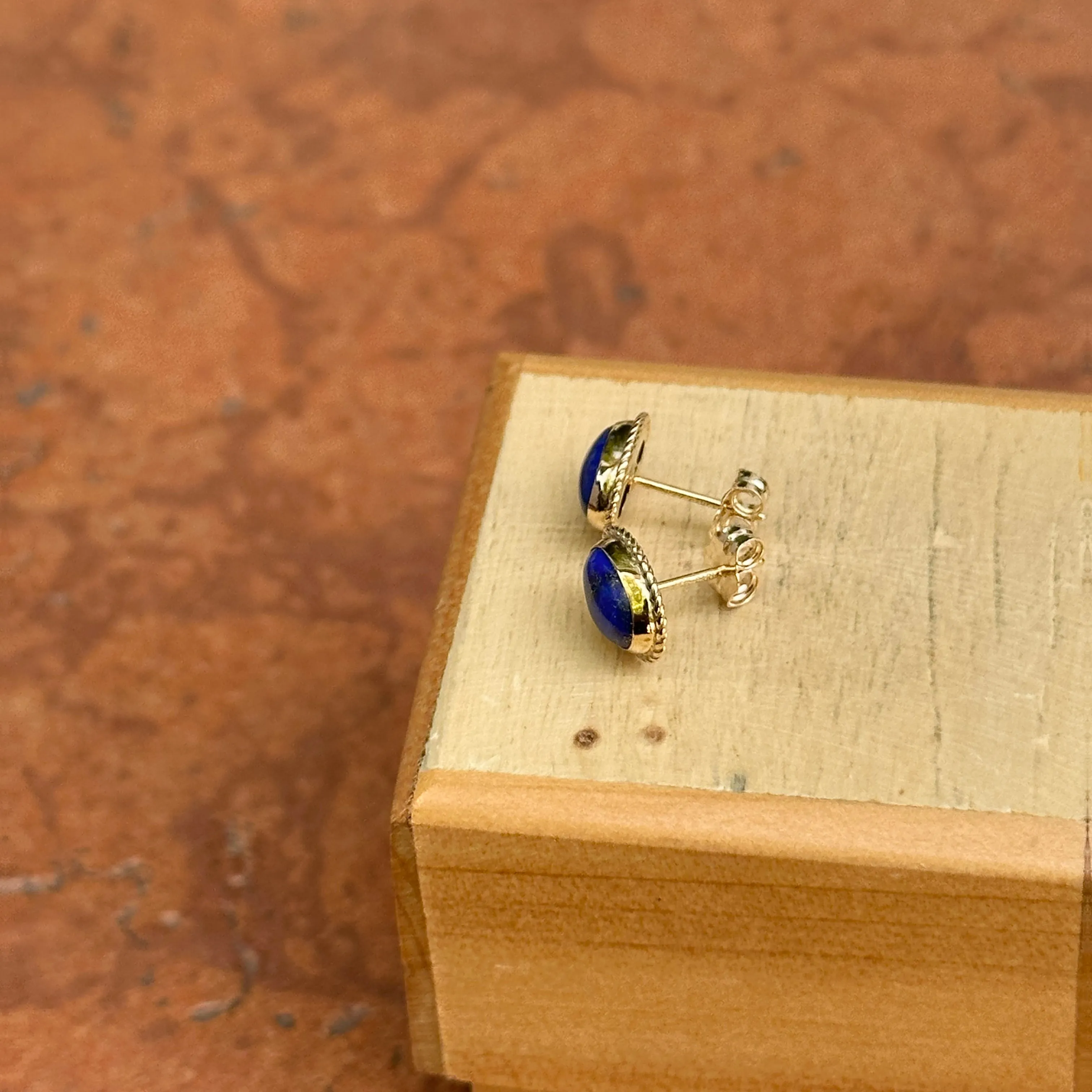 14KT Yellow Gold Oval Bezel Blue Lapis Milgrain Stud Earrings