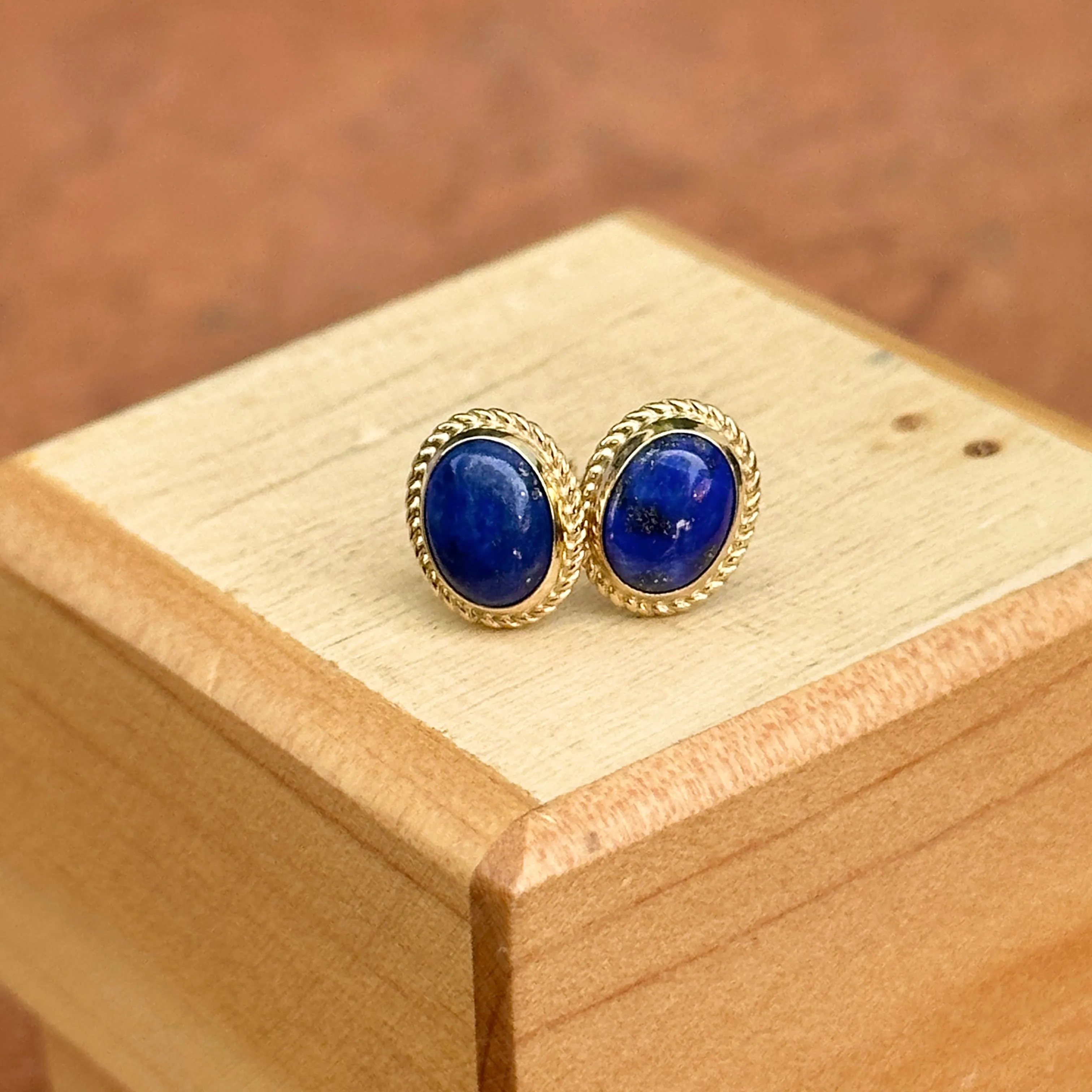 14KT Yellow Gold Oval Bezel Blue Lapis Milgrain Stud Earrings