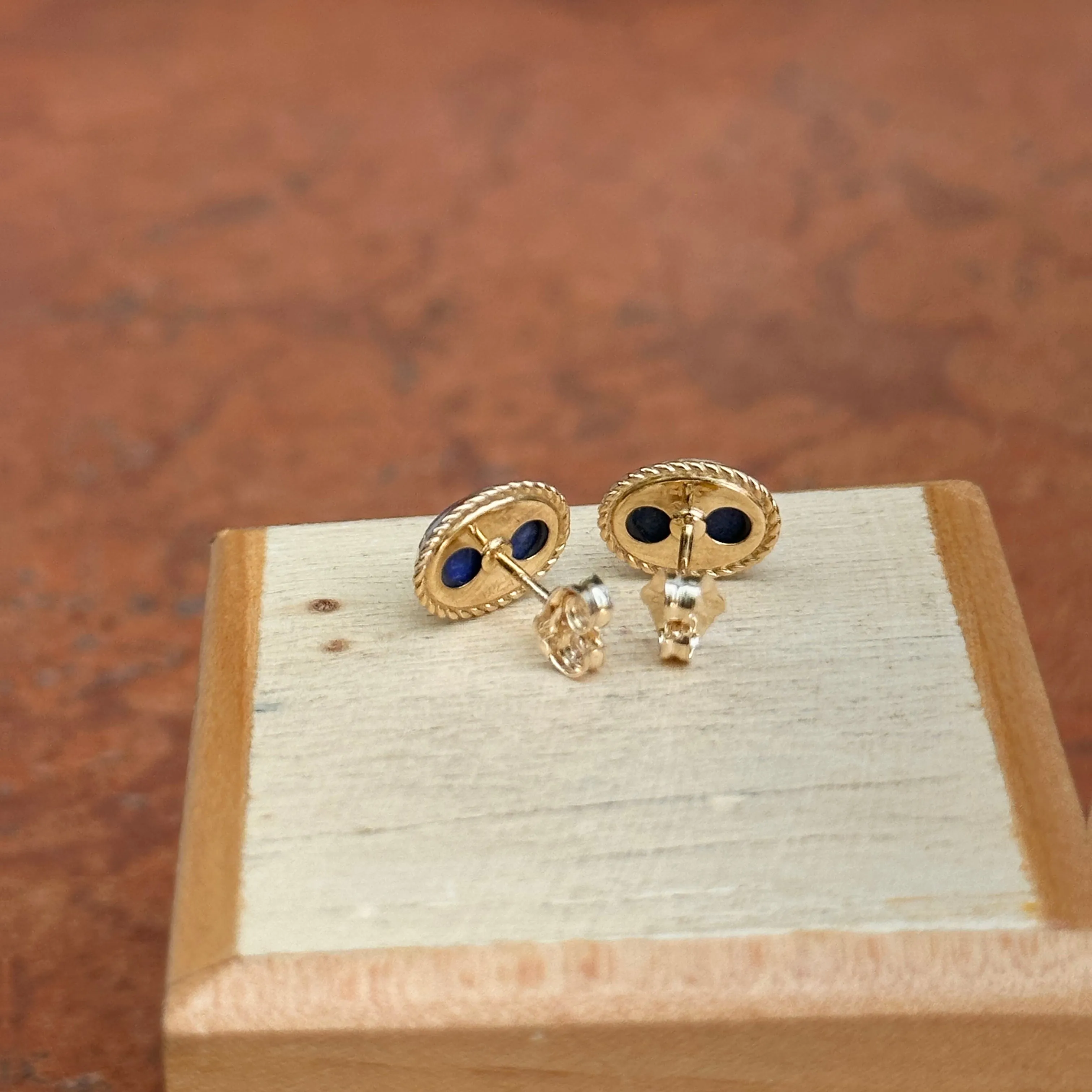 14KT Yellow Gold Oval Bezel Blue Lapis Milgrain Stud Earrings