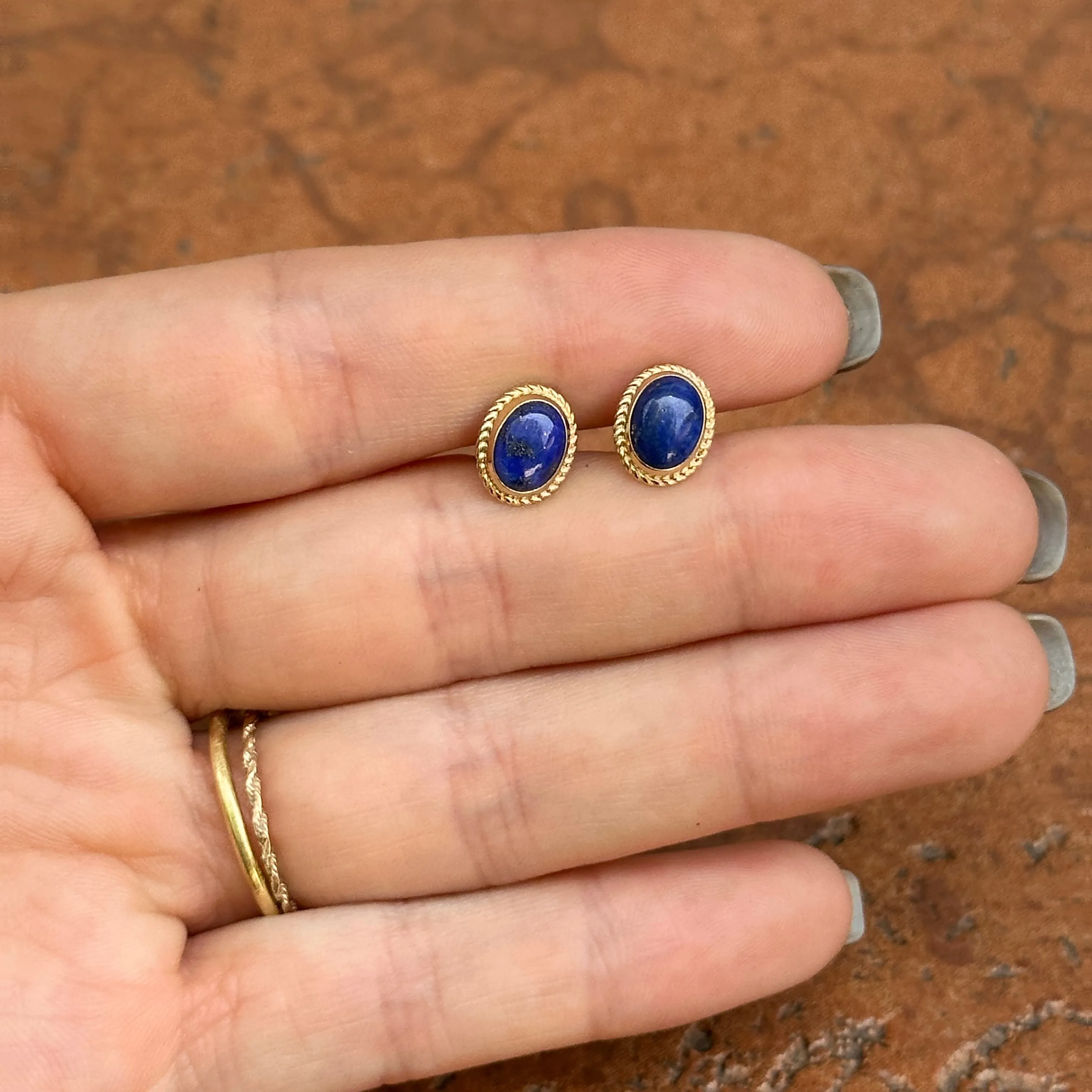 14KT Yellow Gold Oval Bezel Blue Lapis Milgrain Stud Earrings