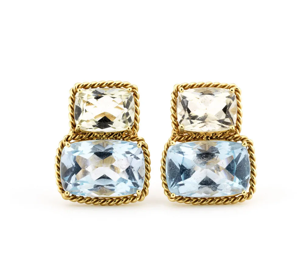 18kt Yellow Gold Light Pink Topaz & Deep Pink Topaz Cushion Cut Earrings with Twisted Rope Border