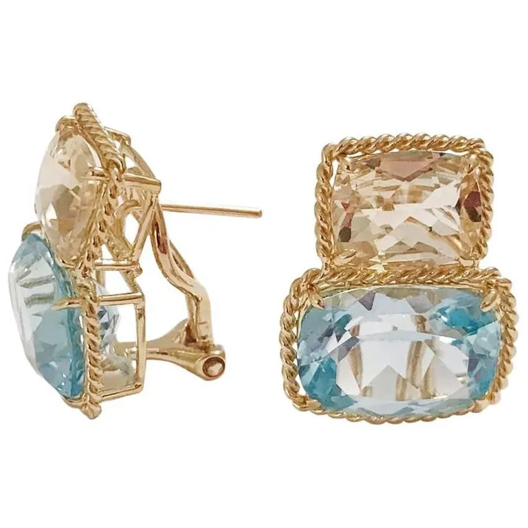18kt Yellow Gold Light Pink Topaz & Deep Pink Topaz Cushion Cut Earrings with Twisted Rope Border
