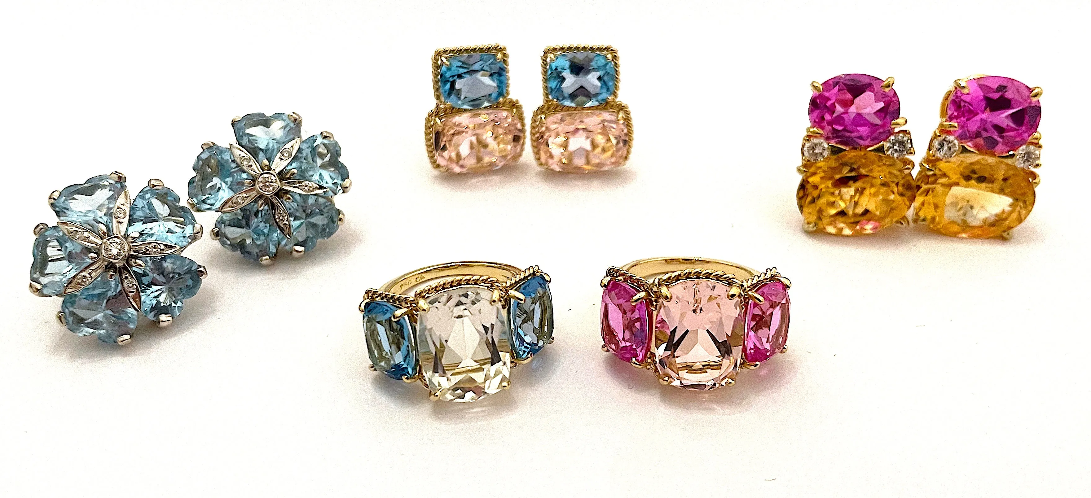 18kt Yellow Gold Light Pink Topaz & Deep Pink Topaz Cushion Cut Earrings with Twisted Rope Border