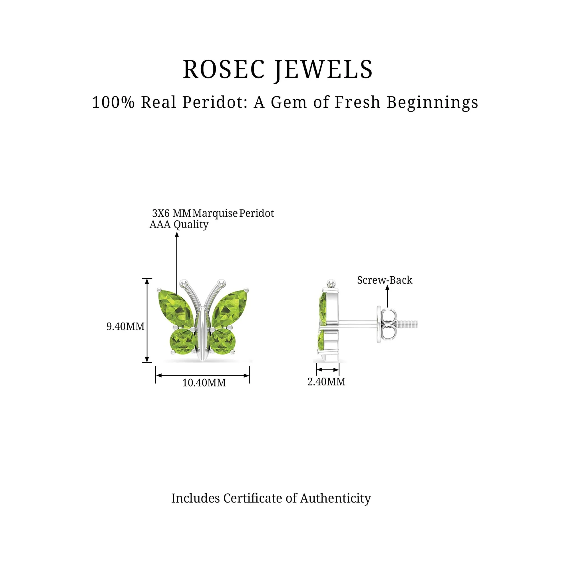 2 CT Butterfly Stud Earrings with Round and Marquise Cut Peridot