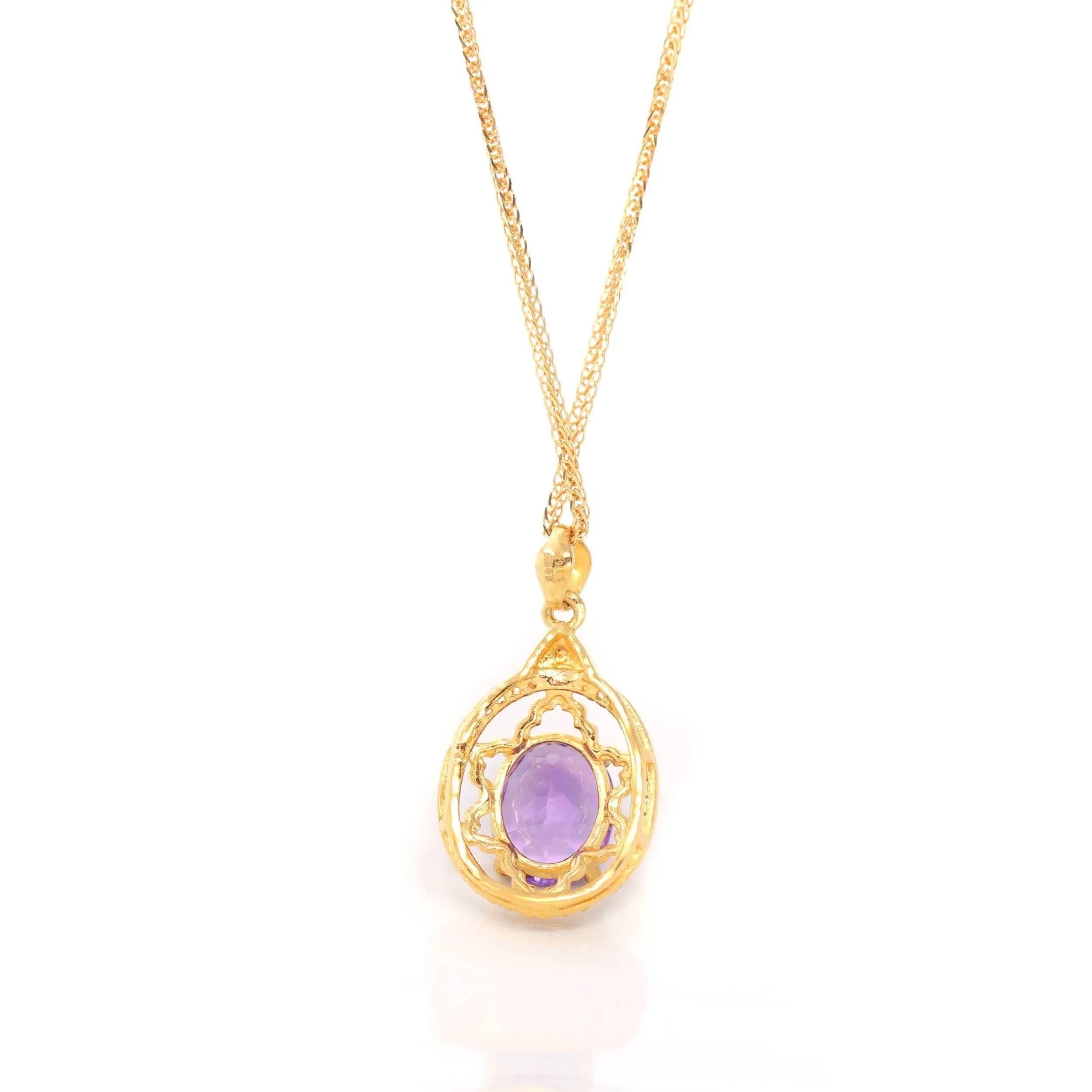 24K Yellow Gold Genuine AA Royal Amethyst Pendant Necklace With CZ