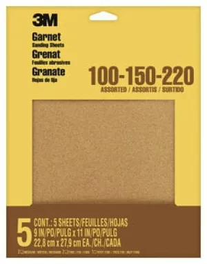 3M™ Garnet Sanding Sheets 9040NA, 9 in x 11 in, Assorted Grits, 5 sheets/pk, 10 pks/inner, 50 pks/cs