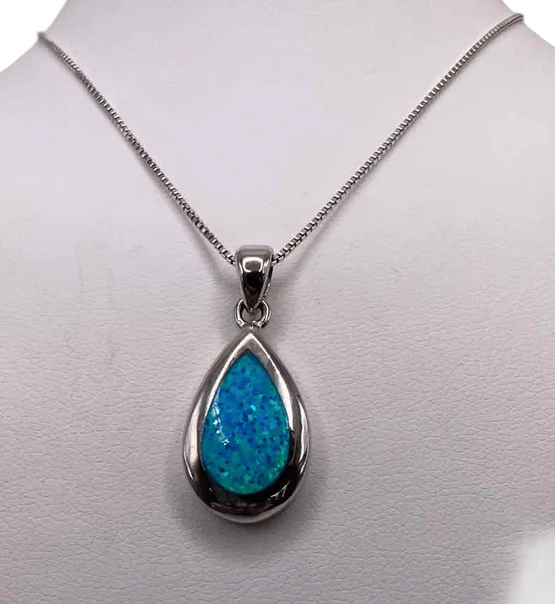 925 Sterling Silver Teardrop Opal Necklace - 18 Inch - Womens Jewelry