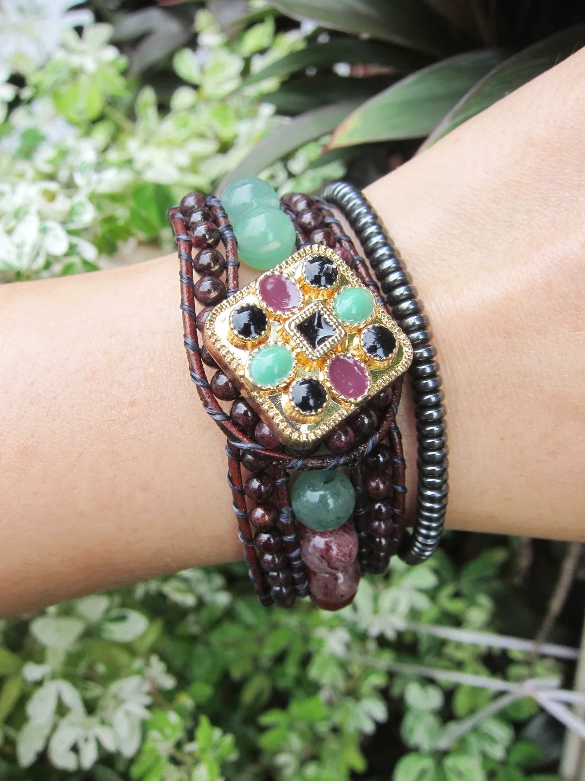 African Bloodstone, Red Garnet, Strawberry Quartz, Aventurine in 3 Row Cuff Bracelet