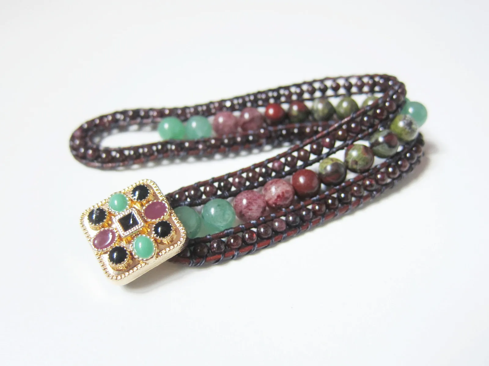 African Bloodstone, Red Garnet, Strawberry Quartz, Aventurine in 3 Row Cuff Bracelet
