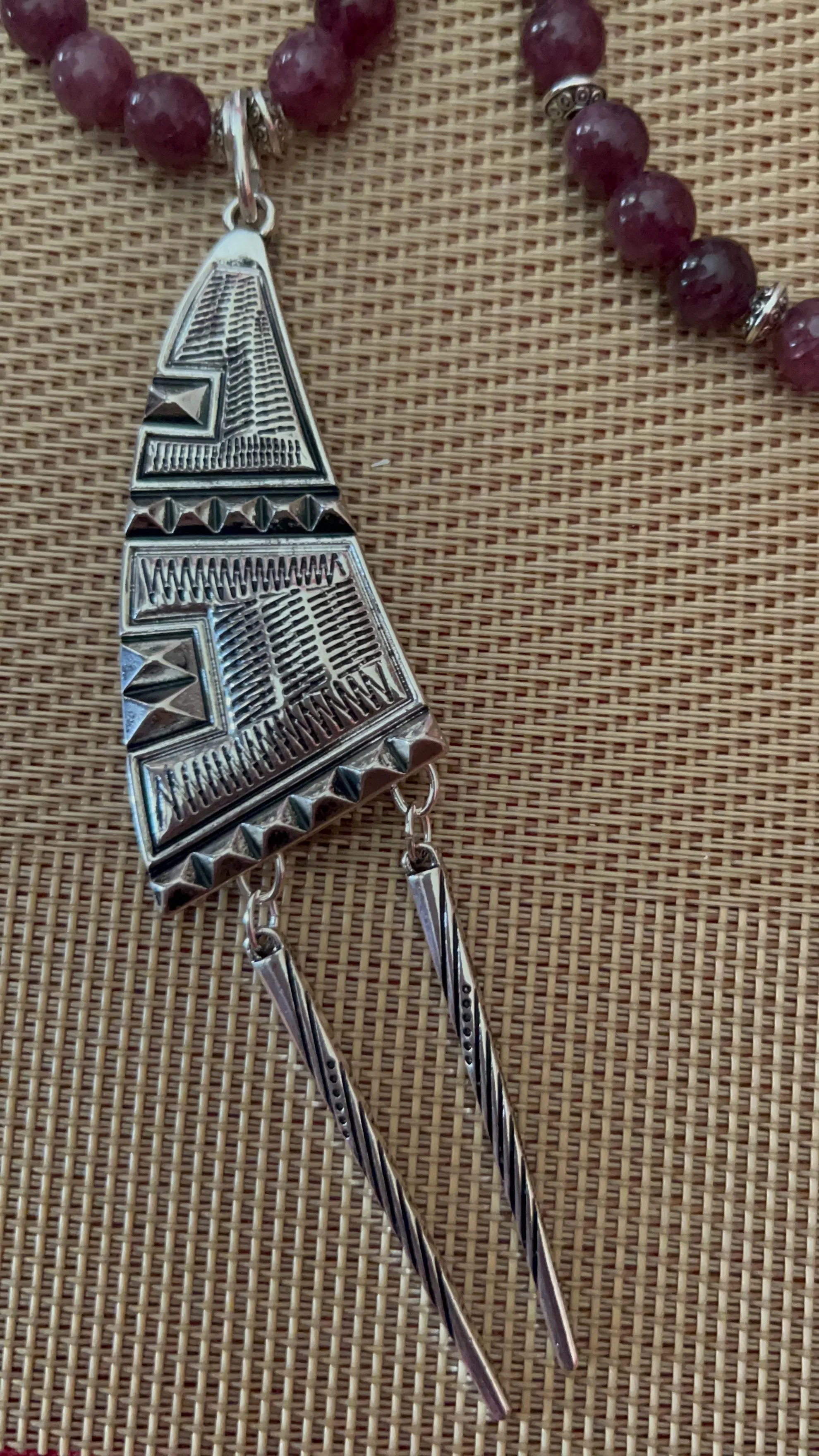 Amethyst Agate with Silver spacers and Egyptian style pendant Necklace 25 inches long with 4 3/4 inch pendant