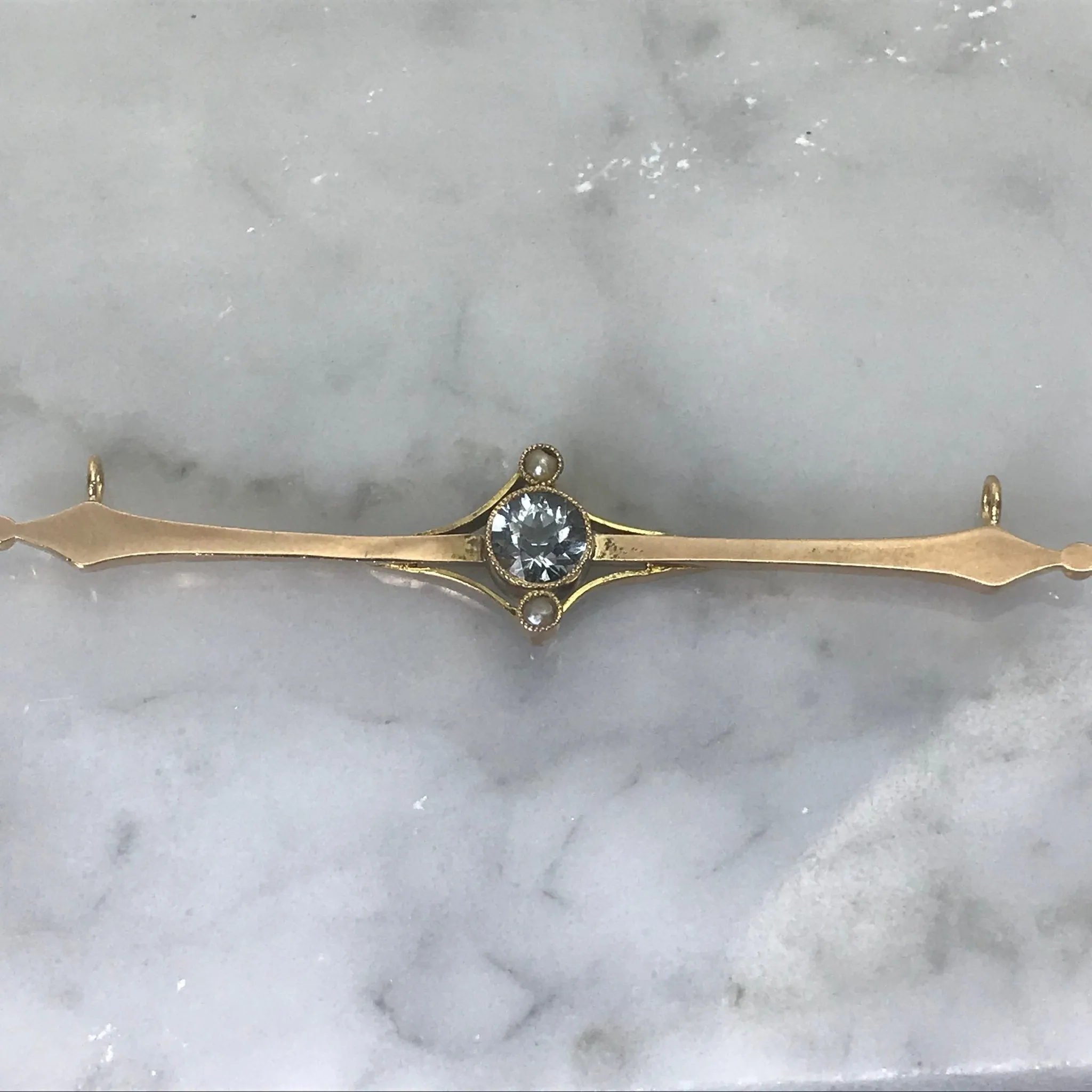 Antique Aquamarine Bar Pendant in 10K Yellow Gold. March Birthstone. Upcycled or Repurposed Jewelry.
