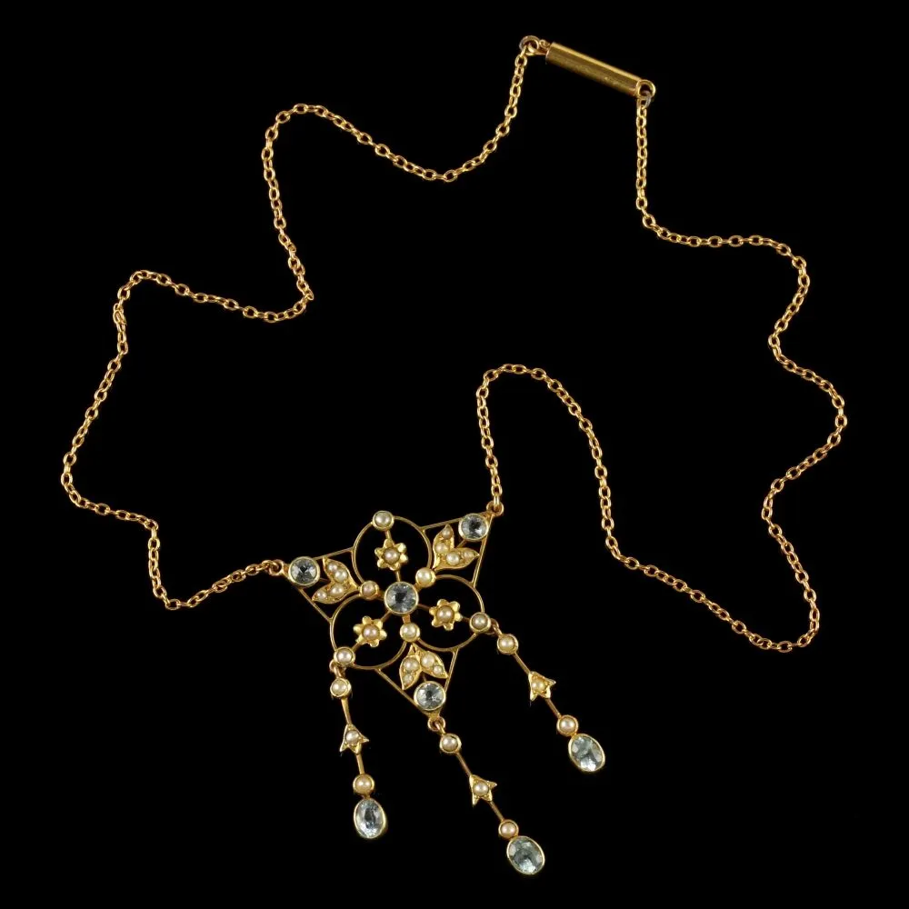 Antique Victorian 15Ct Gold Aquamarine Pearl Necklace Circa 1900