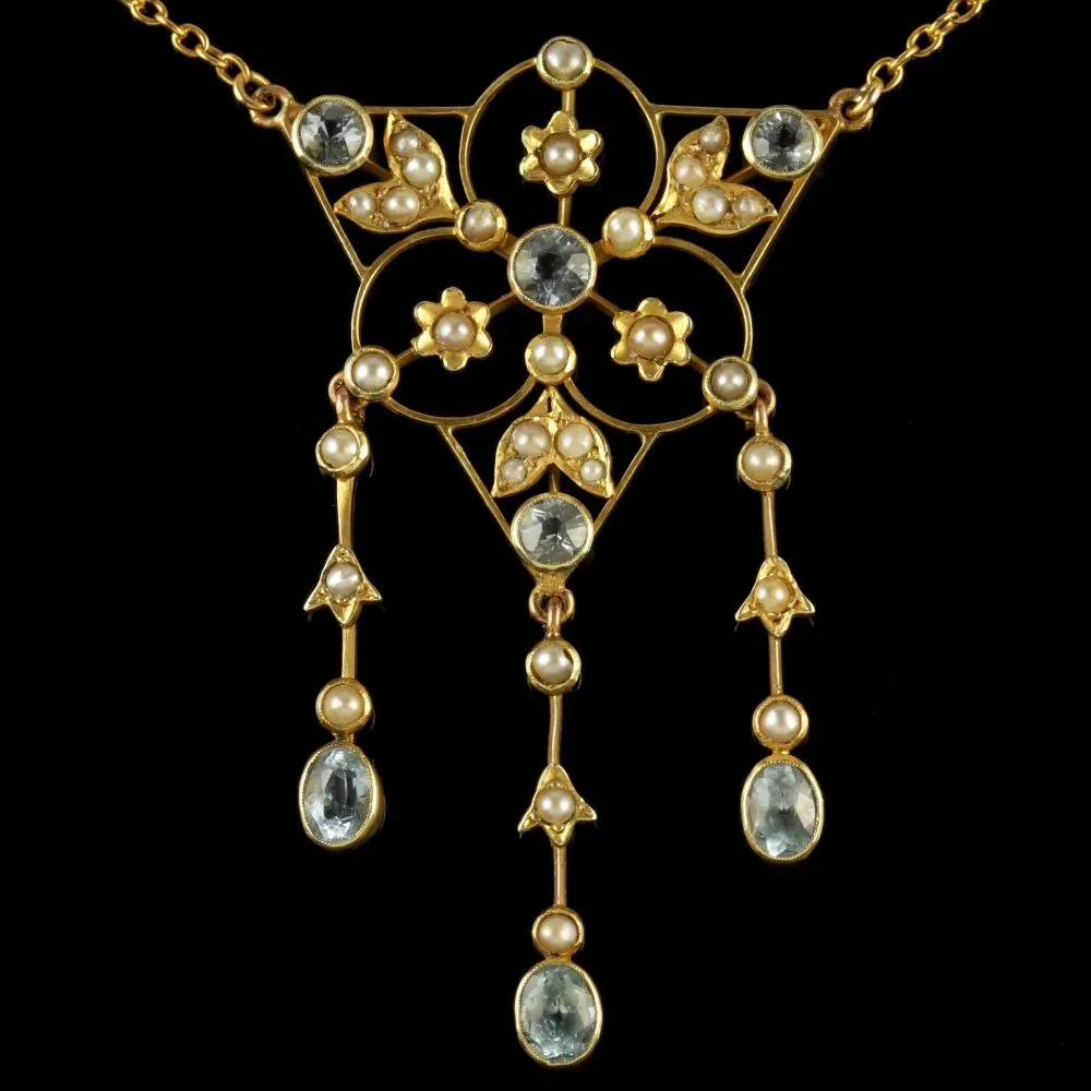 Antique Victorian 15Ct Gold Aquamarine Pearl Necklace Circa 1900