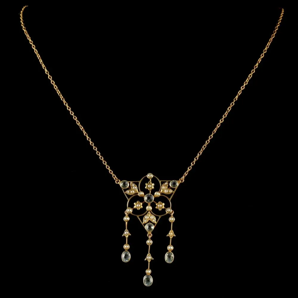 Antique Victorian 15Ct Gold Aquamarine Pearl Necklace Circa 1900