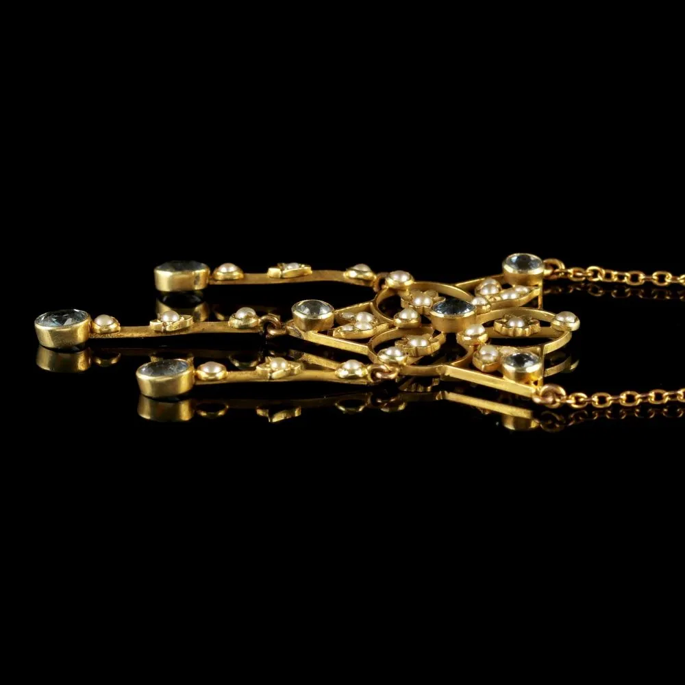 Antique Victorian 15Ct Gold Aquamarine Pearl Necklace Circa 1900