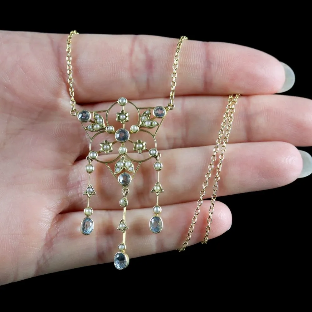 Antique Victorian 15Ct Gold Aquamarine Pearl Necklace Circa 1900
