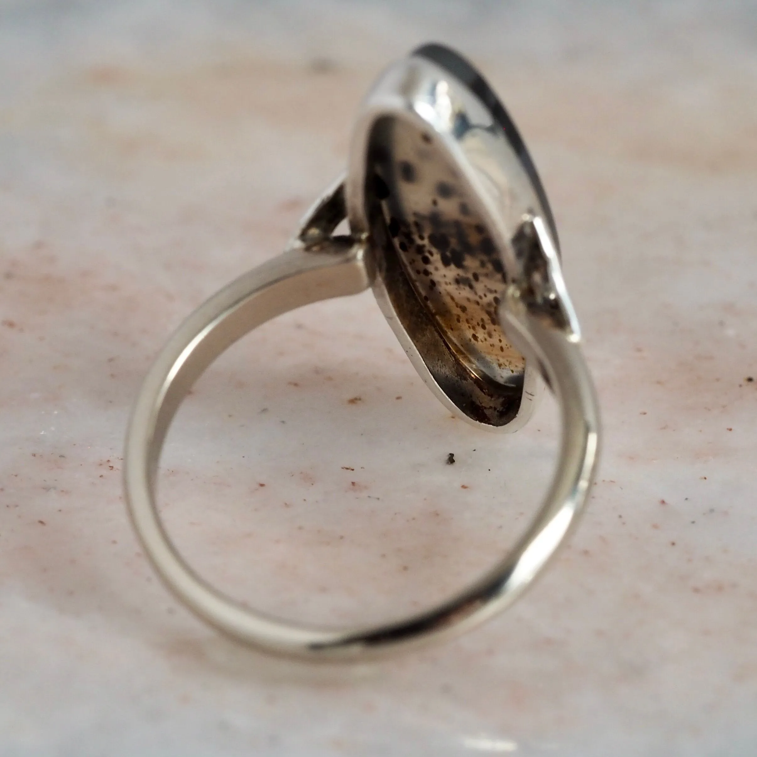 Art Deco 14k White Gold Agate Navette Ring