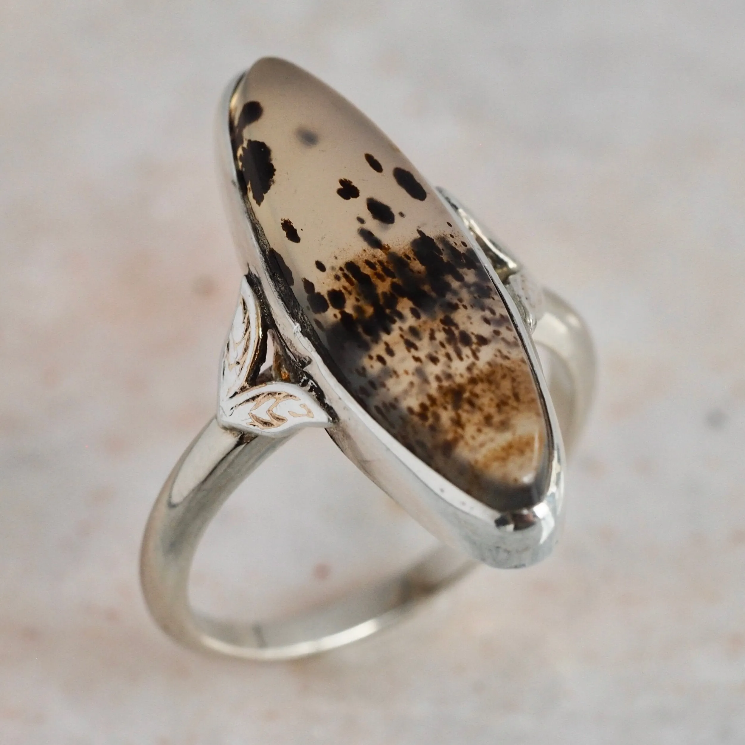 Art Deco 14k White Gold Agate Navette Ring