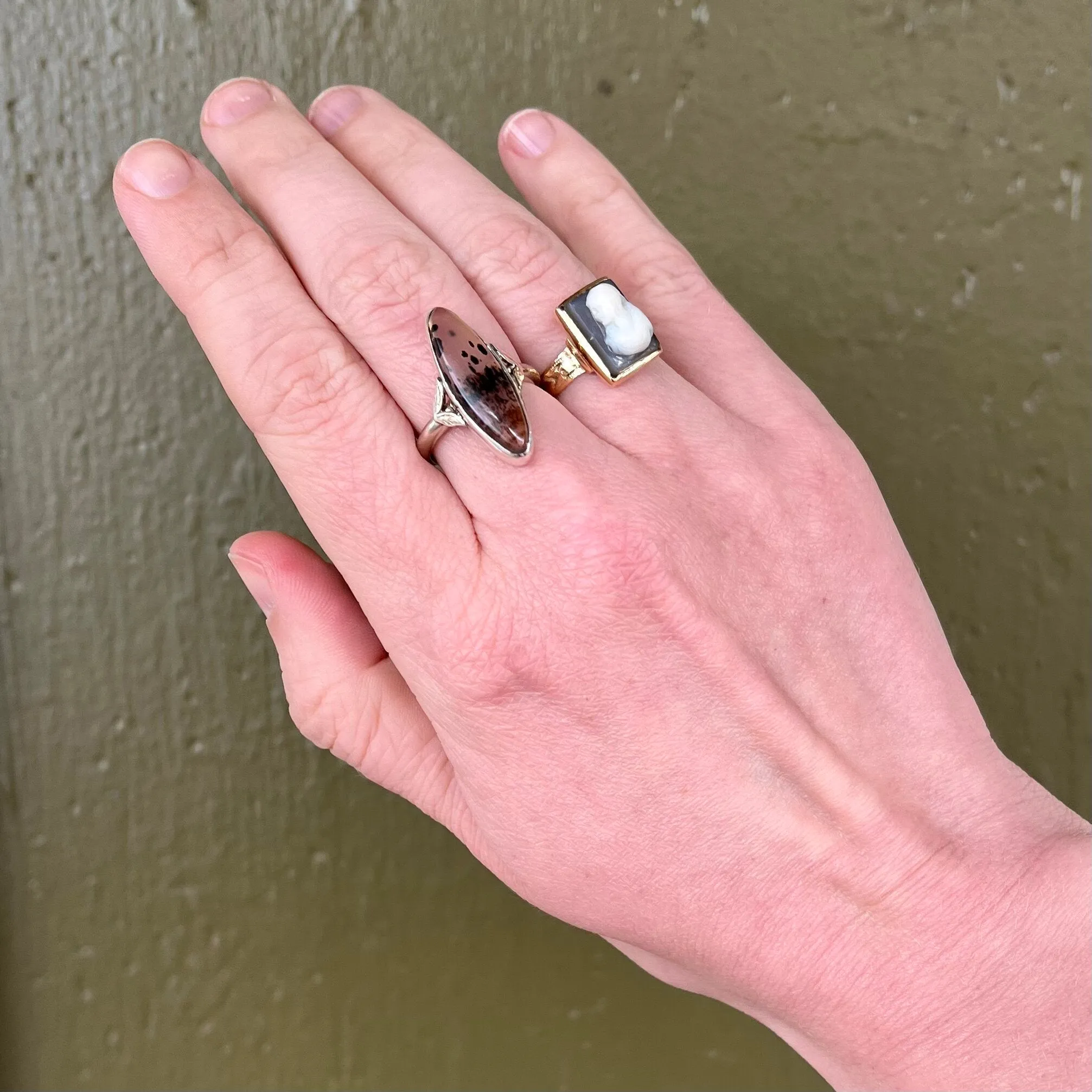 Art Deco 14k White Gold Agate Navette Ring
