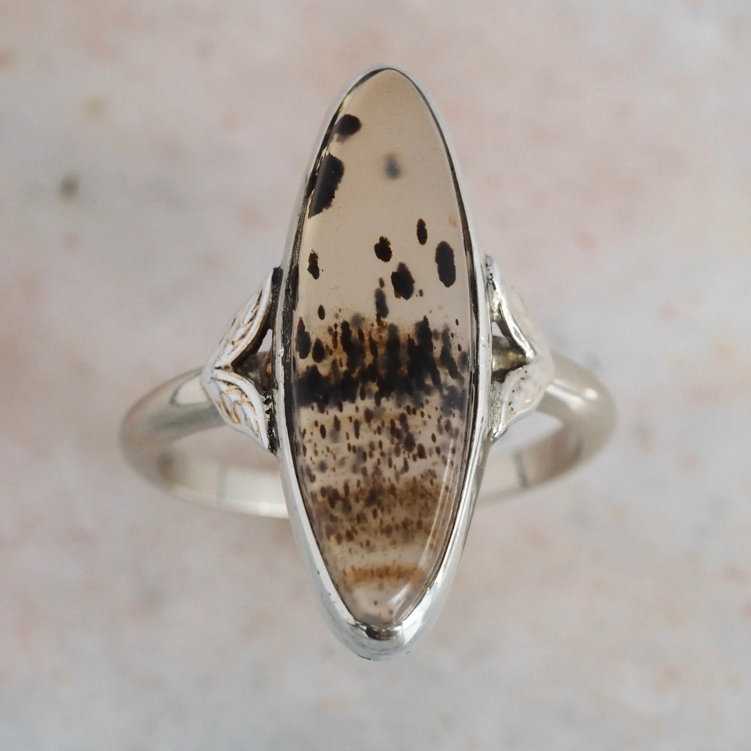 Art Deco 14k White Gold Agate Navette Ring
