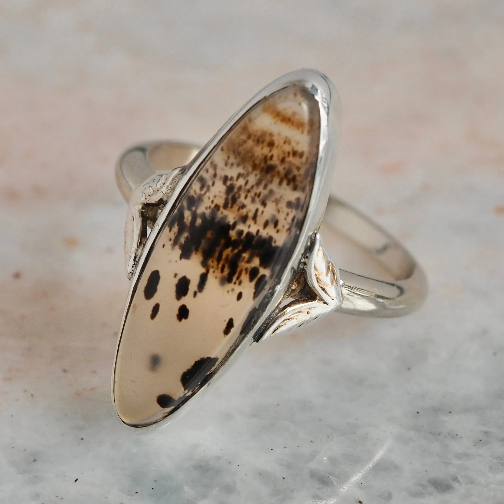 Art Deco 14k White Gold Agate Navette Ring