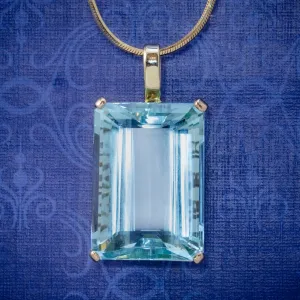 Art Deco Aquamarine Pendant Necklace 30Ct Emerald Cut Aqua 14Ct Gold
