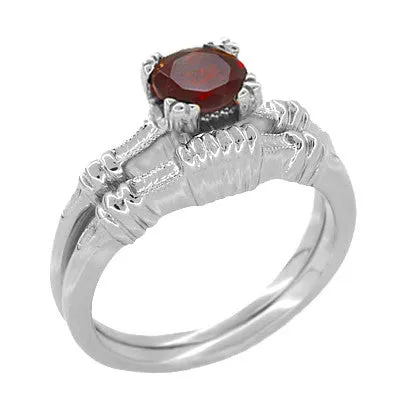 Art Deco Clovers and Hearts Almandine Garnet Engagement Ring Solitaire in 14 Karat White Gold