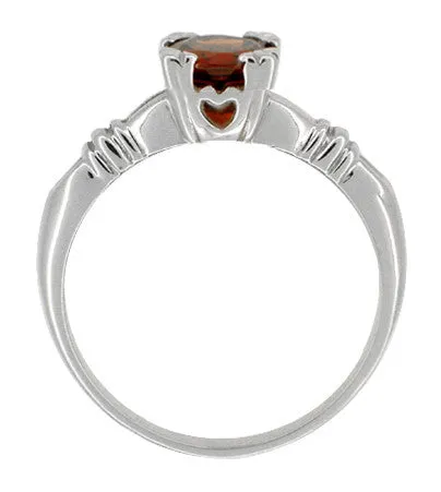 Art Deco Clovers and Hearts Almandine Garnet Engagement Ring Solitaire in 14 Karat White Gold
