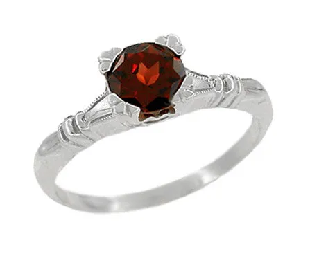 Art Deco Clovers and Hearts Almandine Garnet Engagement Ring Solitaire in 14 Karat White Gold
