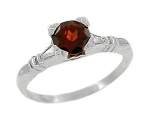 Art Deco Clovers and Hearts Almandine Garnet Engagement Ring Solitaire in 14 Karat White Gold