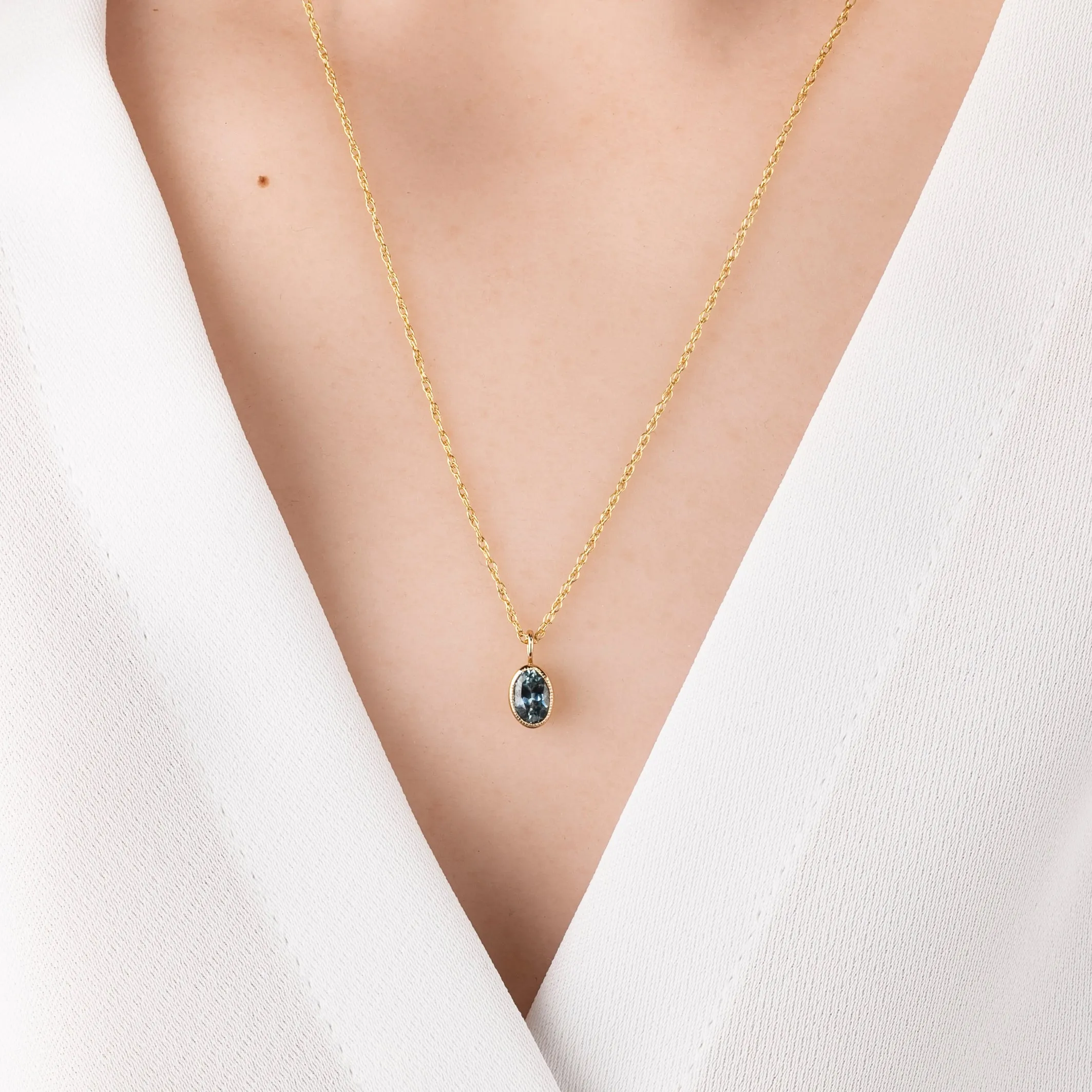 Blue Green Montana Sapphire Bezel Set Charm Necklace (One of a kind)