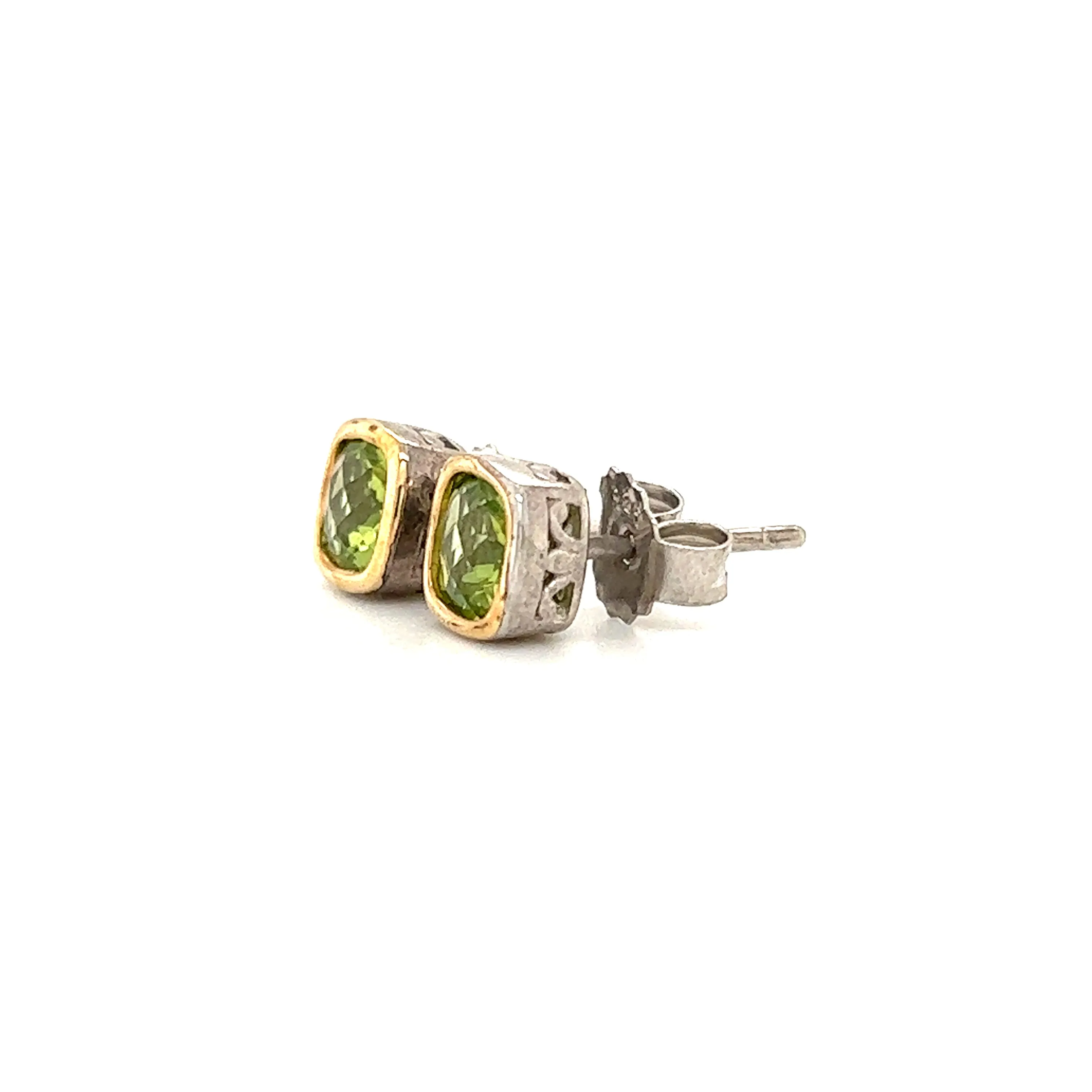 Cushion Peridot Stud Earrings with 14K Yellow Gold Accents in Sterling Silver