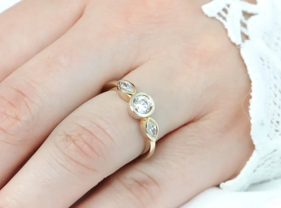 Dainty Three Stone Bezel Set Engagement Ring  - Hazel