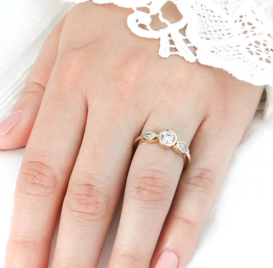 Dainty Three Stone Bezel Set Engagement Ring  - Hazel