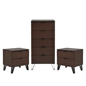 Demijen Modern Industrial 3 Piece 5 Drawer Dresser and Nightstand Bedroom Set, Walnut and Matte Black