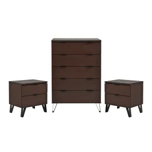Demijen Modern Industrial 3 Piece Wide 5 Drawer Dresser and Nightstand Bedroom Set, Walnut and Matte Black