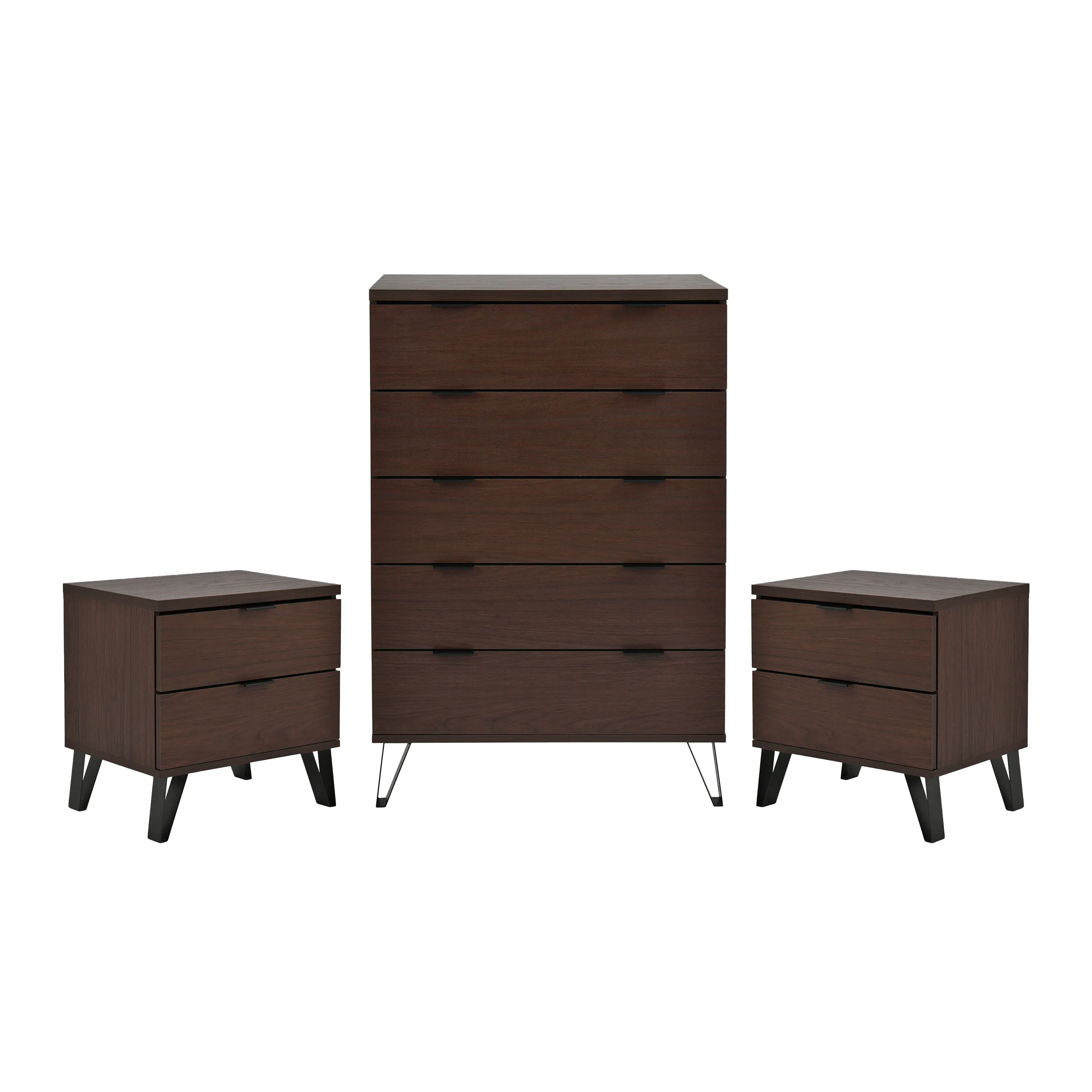 Demijen Modern Industrial 3 Piece Wide 5 Drawer Dresser and Nightstand Bedroom Set, Walnut and Matte Black