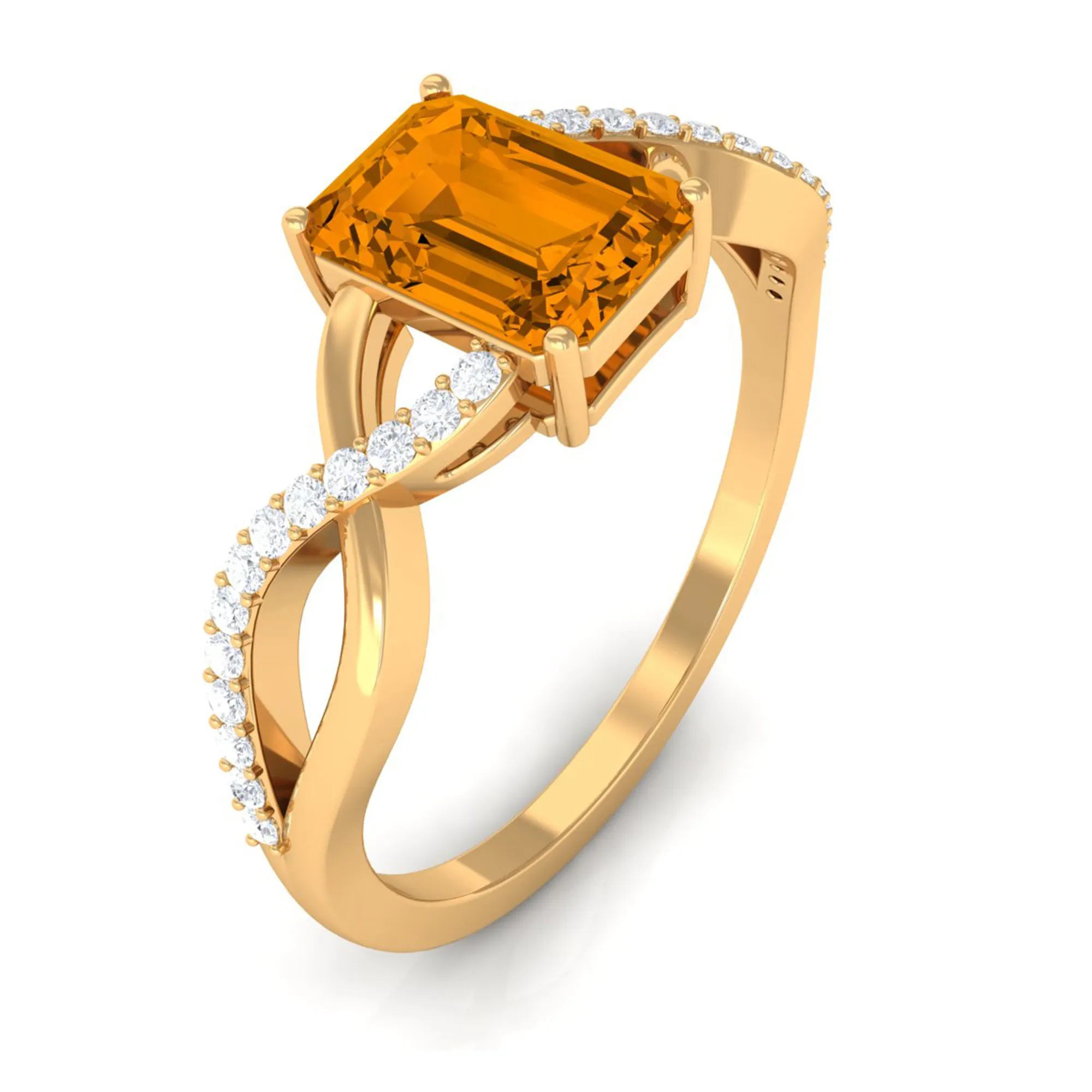 Emerald Cut Citrine and Diamond Crossover Engagement Ring