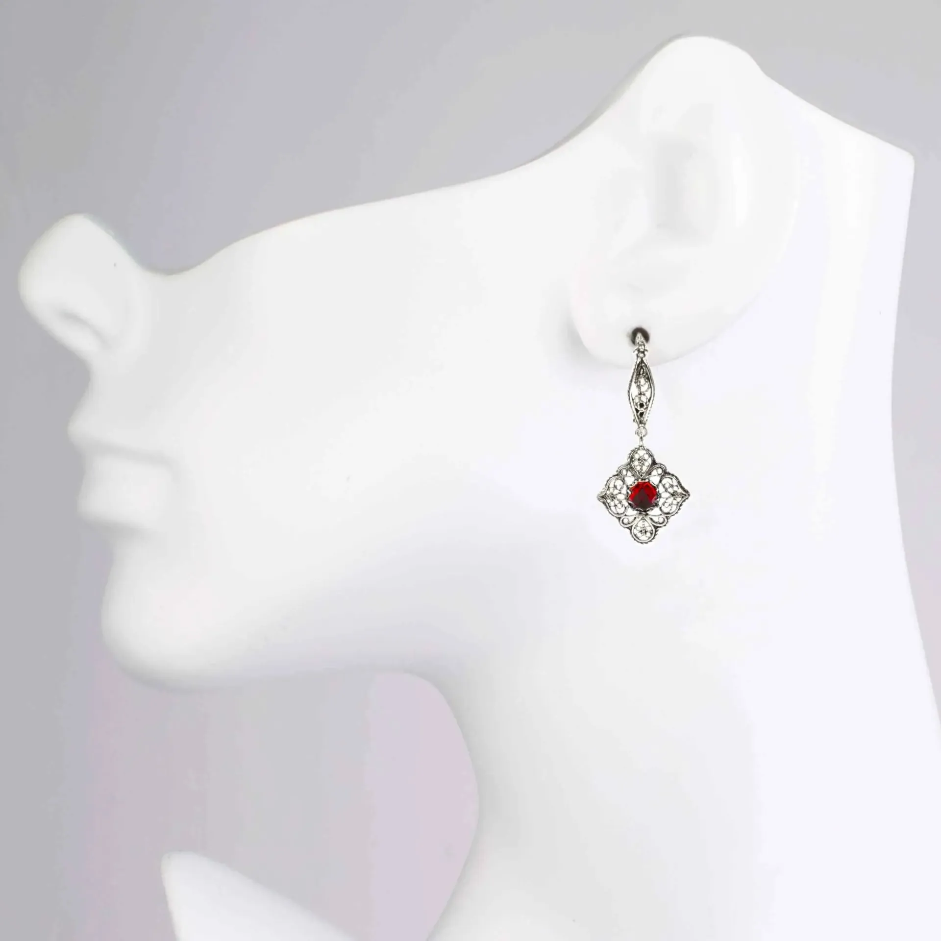 Exquisite 925 Sterling Silver Ruby Gemstone Filigree Dangle Earrings - A Handcrafted Masterpiece