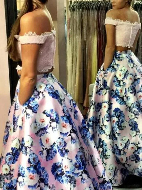 Fascinating Fascinating Two Piece Off the Shoulder Pink Floral Long Prom Gown A-line Formal Dresses with Lace