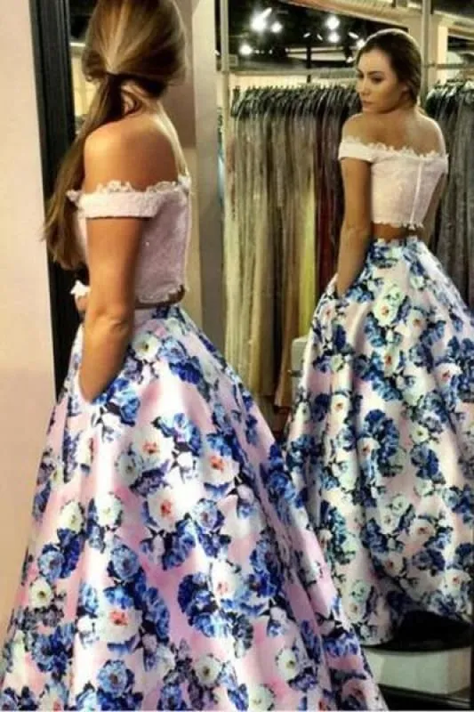 Fascinating Fascinating Two Piece Off the Shoulder Pink Floral Long Prom Gown A-line Formal Dresses with Lace