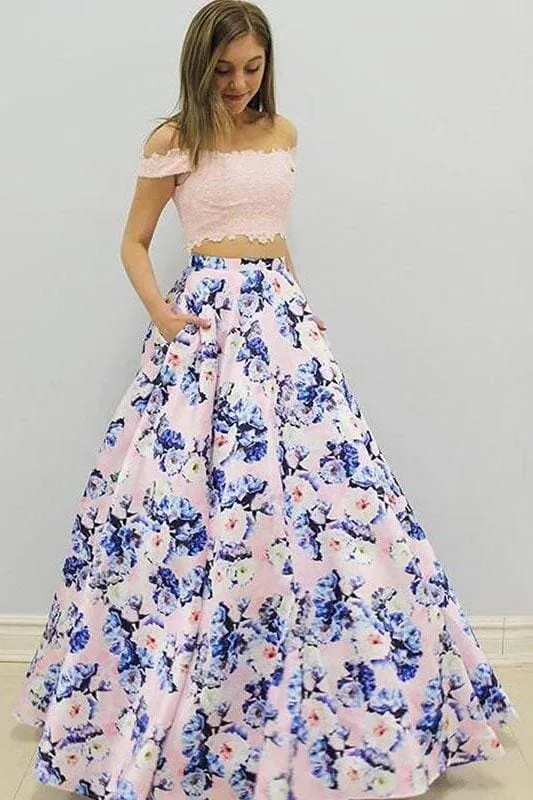 Fascinating Fascinating Two Piece Off the Shoulder Pink Floral Long Prom Gown A-line Formal Dresses with Lace