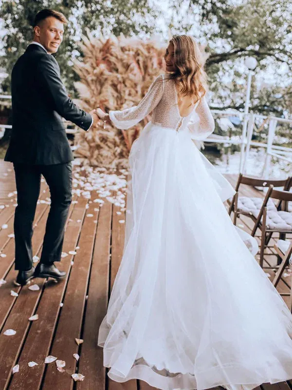 Fascinating Long Sleeves Deep V-neck Lace Backless A-line Wedding Dresses Sexy