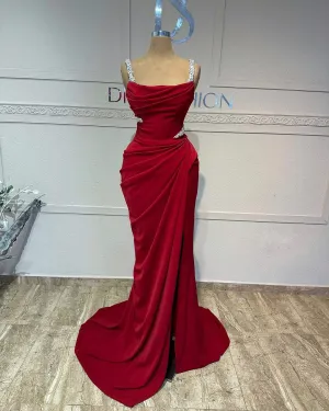 Fascinating Red Acrylic Straps Prom Dress With Pleats Split |Ballbellas
