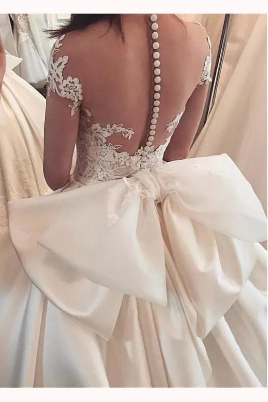 Fascinating Satin Sheer Neckline Ball Gown Appliques Bowknot Wedding Dress